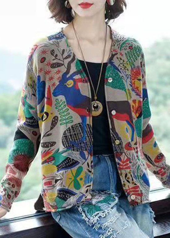 Khaki V Neck Print Button Knit Cardigan Spring