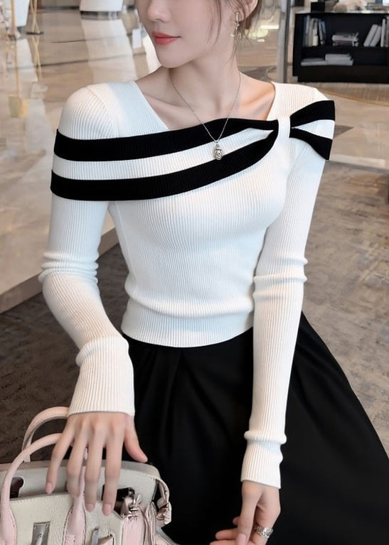 Slim Fit White Striped Patchwork Knit Sweaters Spring
