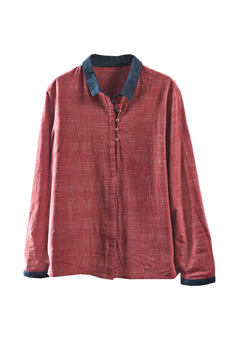 Red Peter Pan Collar Patchwork Cotton Shirt Long Sleeve