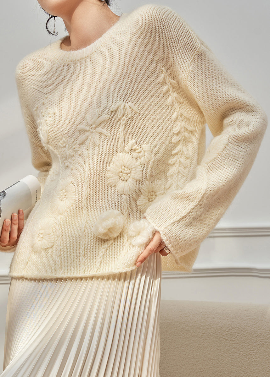Handmade Beige O Neck Cozy Knit Sweater Tops Fall