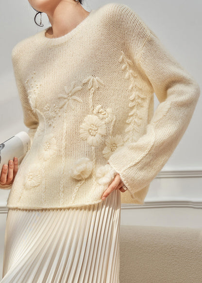 Handmade Beige O Neck Cozy Knit Sweater Tops Fall