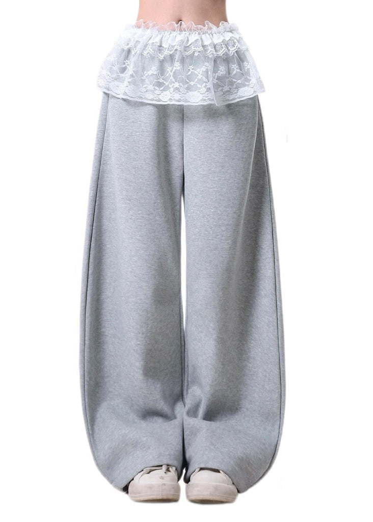 Grey Oversized Patchwork Lace Cotton Wide Leg Pants Spring