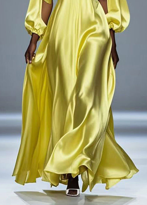 Yellow Hollow Out Draping Silk Party Dresses Fall