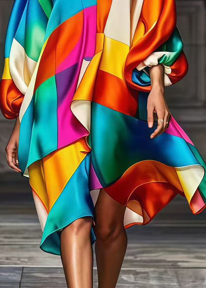 Rainbow Asymmetrical Patchwork Silk Party Dress Fall