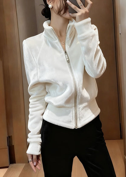 Slim Fit White Stand Collar Zip Up Silk Velvet Coats Spring