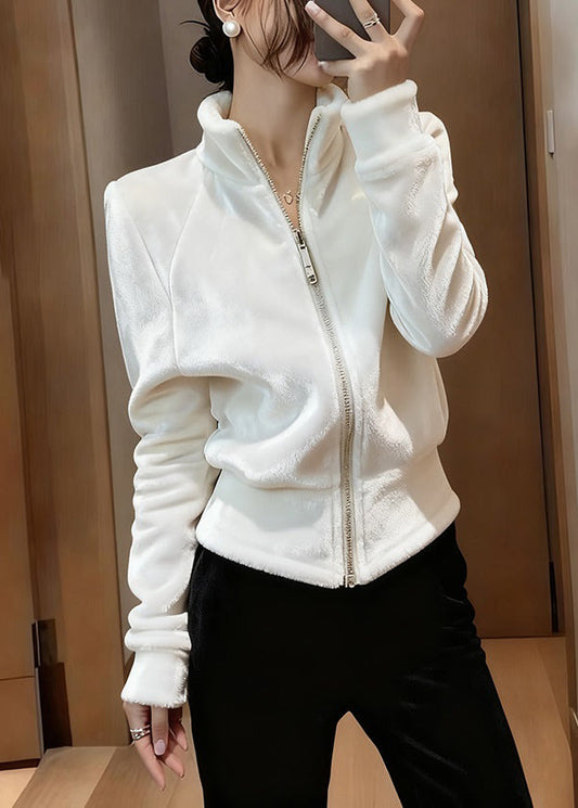 Slim Fit White Stand Collar Zip Up Silk Velvet Coats Spring