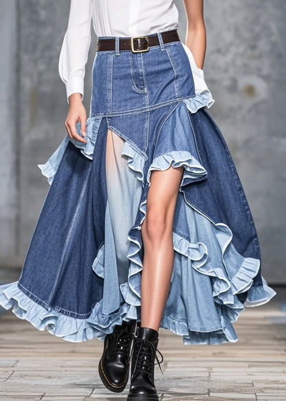 Blue Ruffled Patchwork Low High Design Denim Skirts Spring