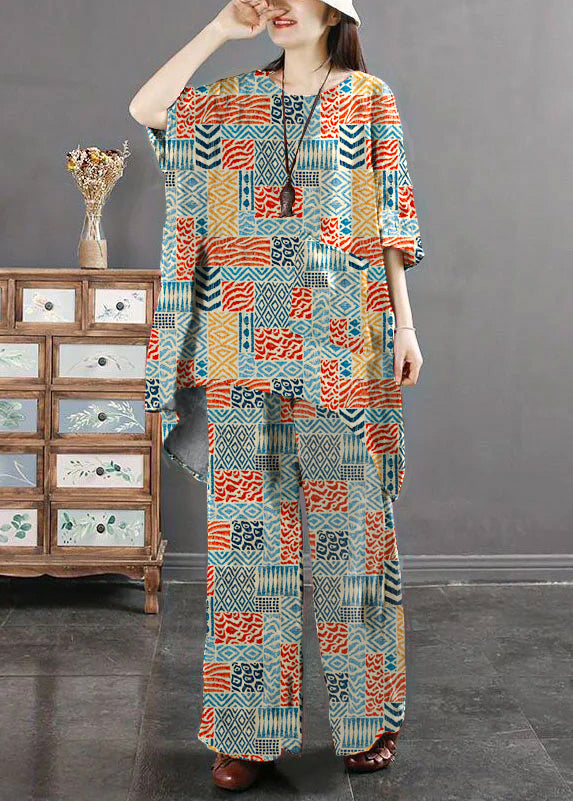 Red Print Pockets Patchwork Tops and Pants Cotton Two Pieces Set Summer