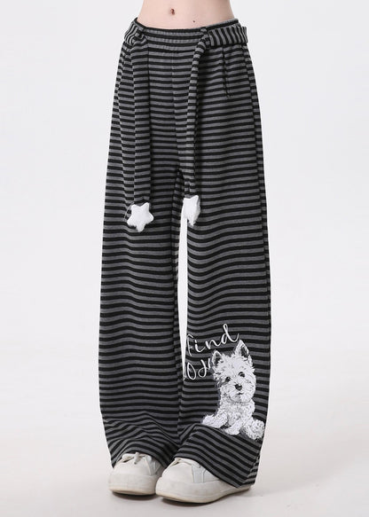 Grey Striped Animal Print Cotton Pants Spring