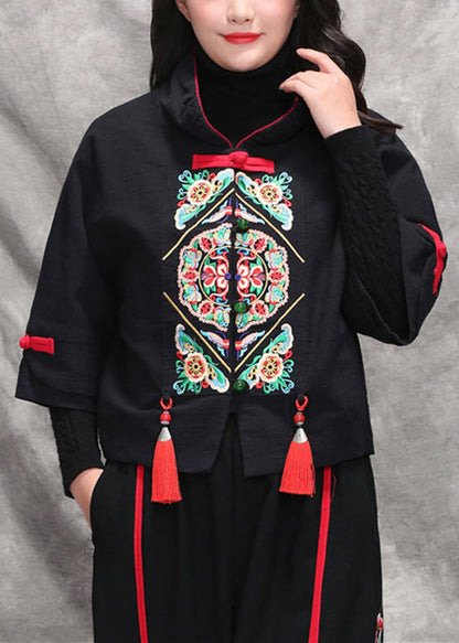 Black Peter Pan Collar Embroidered Coats Long Sleeve