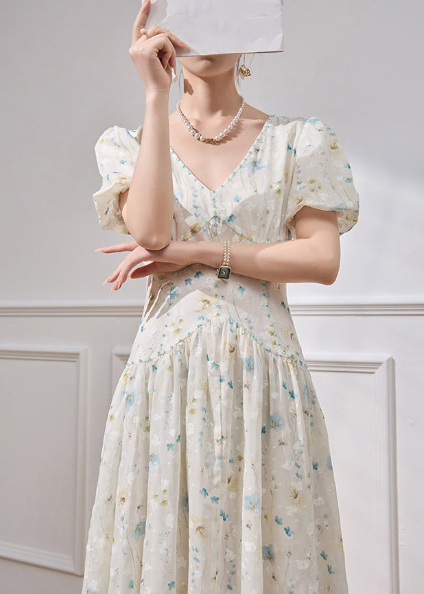 White V Neck Patchwork Chiffon Long Dress Short Sleeve