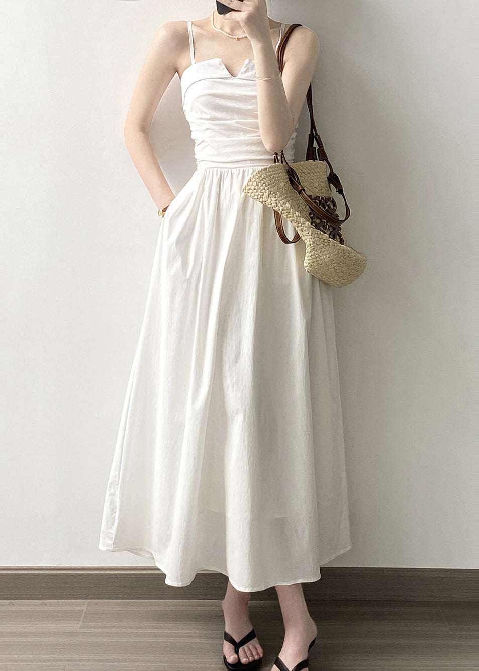 Black Wrinkled Patchwork Cotton Spaghetti Strap Dress Sleeveless