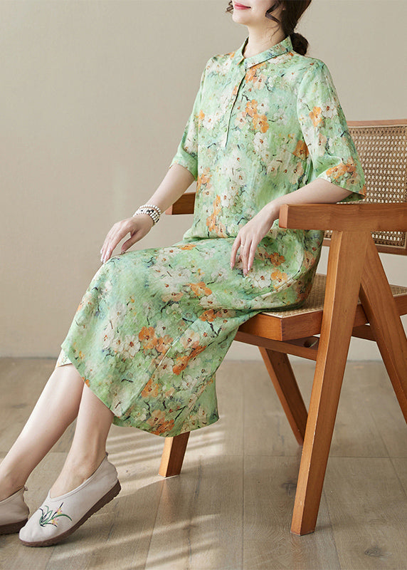 Green Peter Pan Collar Print Cotton Long Dresses Summer