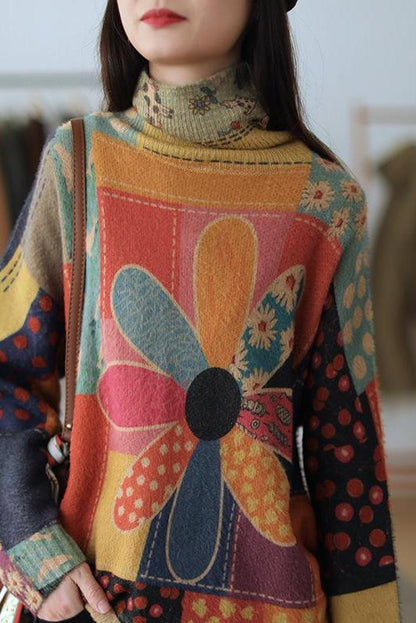 Color Contrast Flower Turtleneck Sweater
