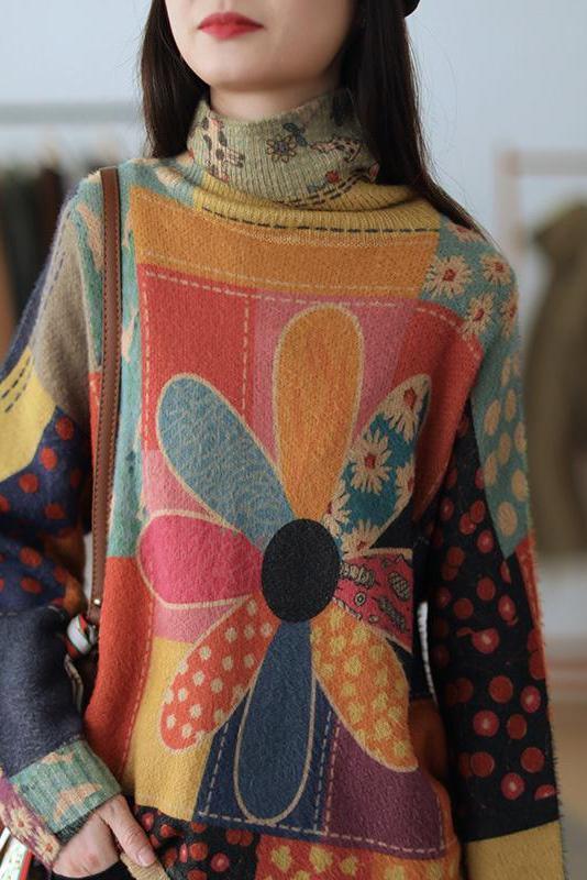 Color Contrast Flower Turtleneck Sweater
