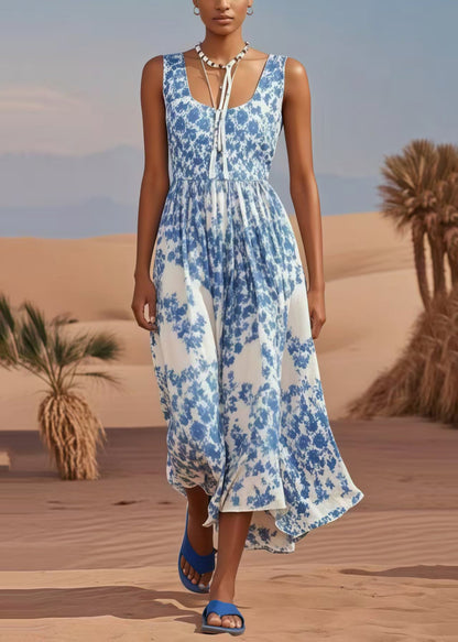 Blue U Neck Print Cotton Holiday Dress Summer
