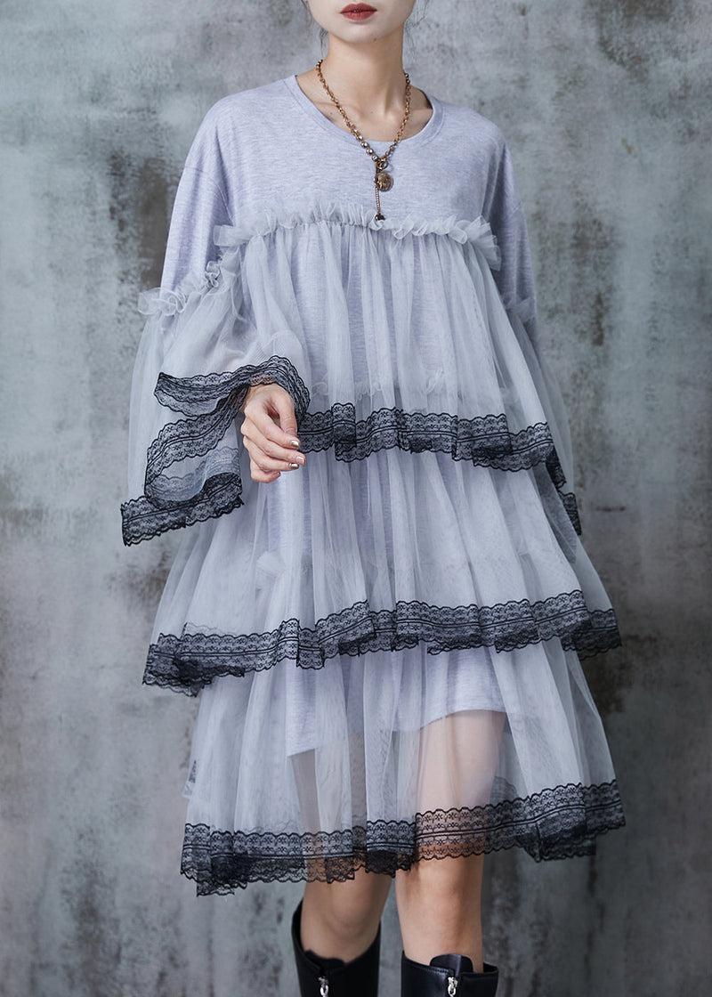 Grey Oversized Patchwork Tulle Vacation Dress Summer