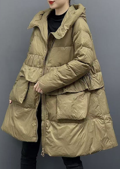 Khaki Hooded Zippered Pockets Down Coats Winter
