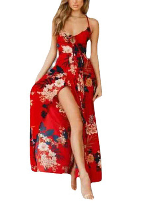 Red Print Backless Cotton Spaghetti Strap Dresses Summer