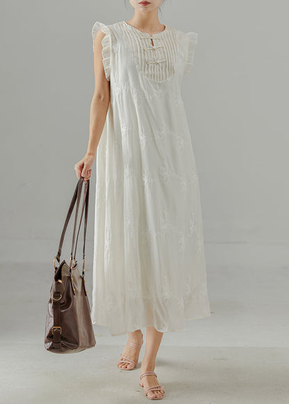 Diy White Embroidered Chinese Button Chiffon Dress Sleeveless