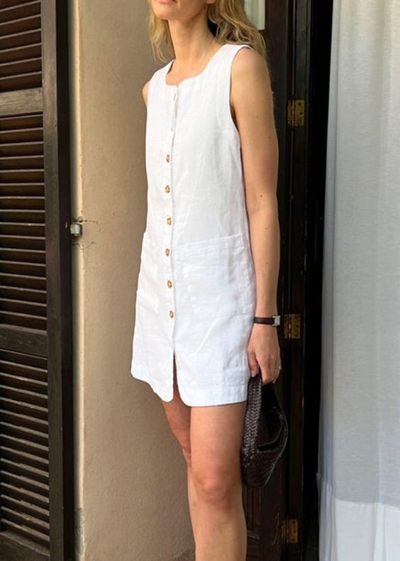 European and American Style White Square Collar Button Linen Dress Sleeveless