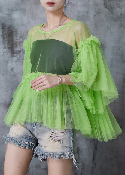 Grass Green Patchwork Tulle Shirt Tops Batwing Sleeve