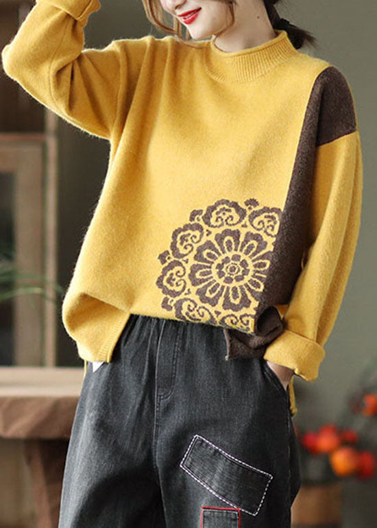 Loose Yellow Color Block Jacquard Knit Top Winter