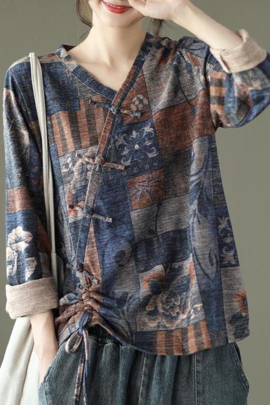 Retro Drawstring Print Cotton Blouse