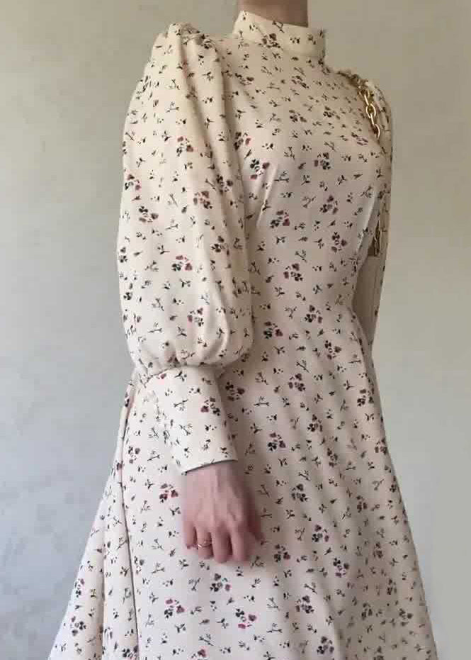 Autumn Apricot Lace Up Stand Collar Print Chiffon Dress