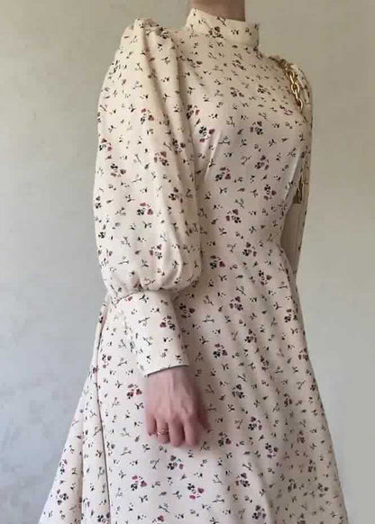 Autumn Apricot Lace Up Stand Collar Print Chiffon Dress
