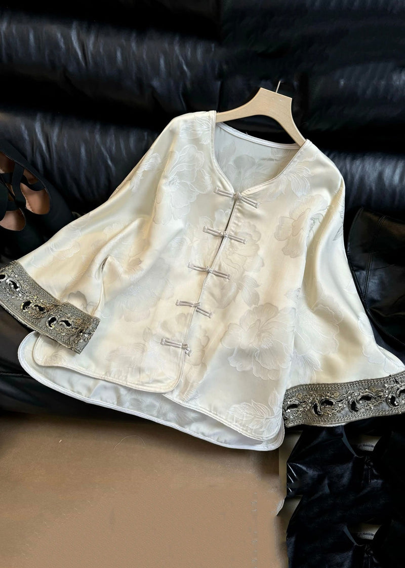 Chinese Style Black O-neck Jacquard Button Silk Coats Long Sleeve