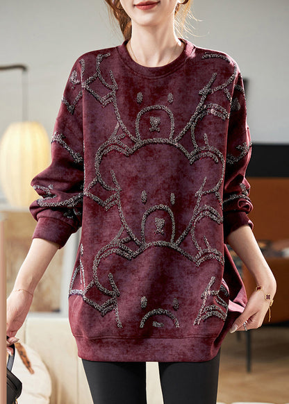 Red O-neck Cozy Sweatshirt Fall