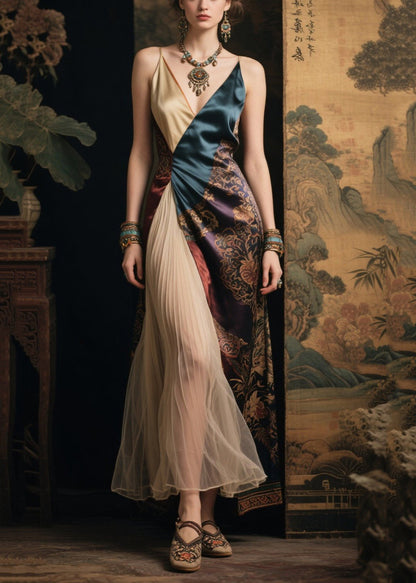 Colorblock Asymmetrical Patchwork Silk Spaghetti Strap Dress Summer