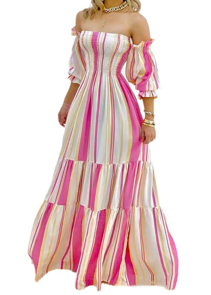 European and American Striped Cold Shoulder Lantern Sleeve Dress
