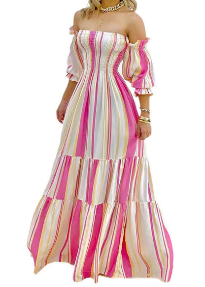 European and American Striped Cold Shoulder Lantern Sleeve Dress
