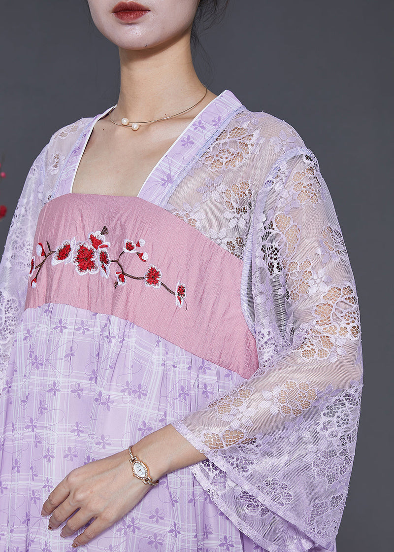 Purple Embroidered Hollow Out Chiffon Long Dress Summer