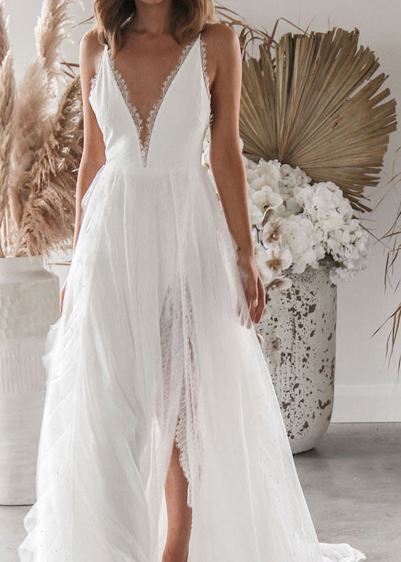 Fine White V Neck Side Open Lace Spaghetti Strap Dress Summer