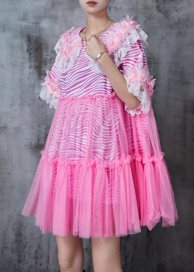 Pink Striped Patchwork Tulle Mini Dress Summer