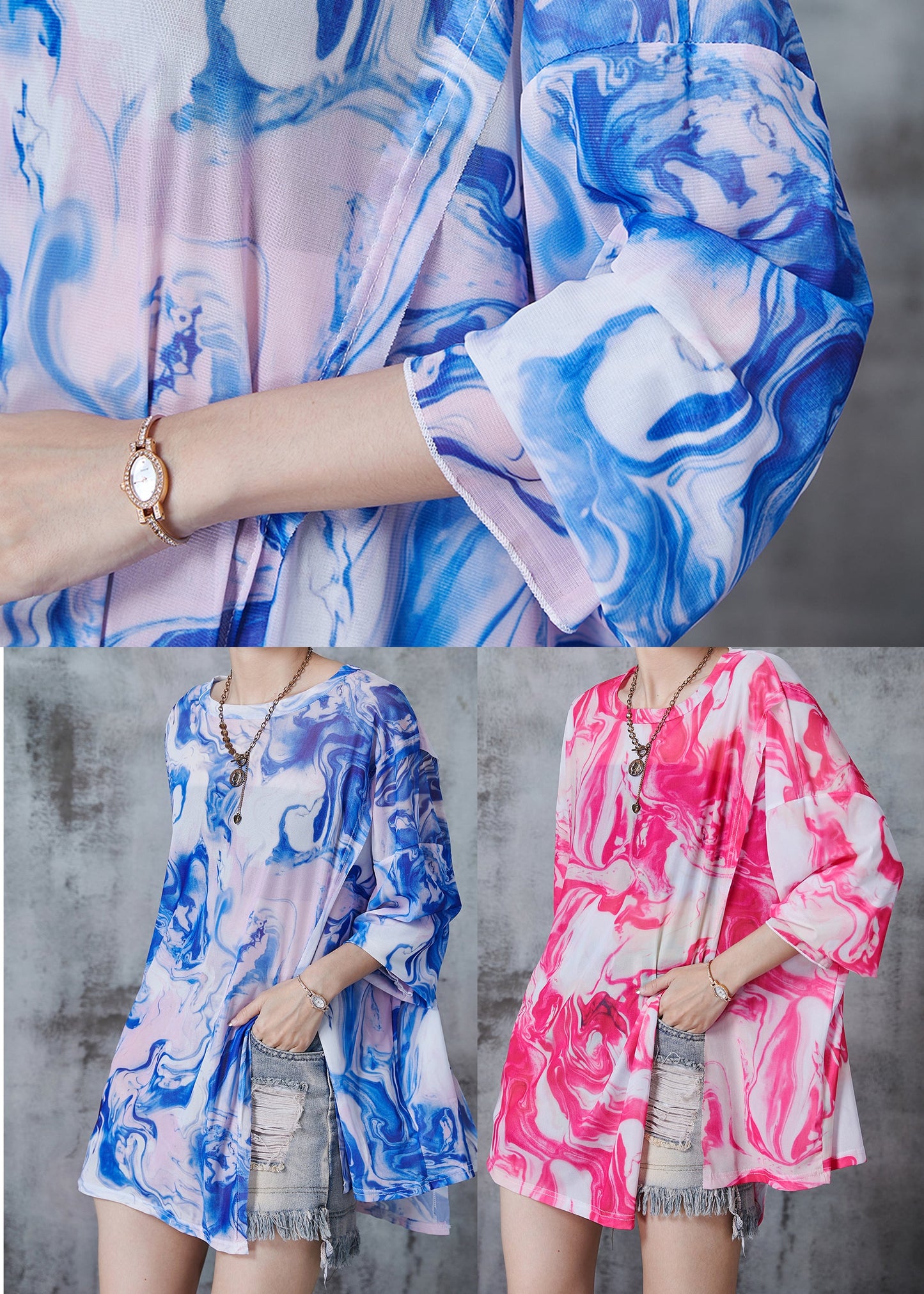 Pink Print Chiffon Upf 50+ Shirt Side Open Fall