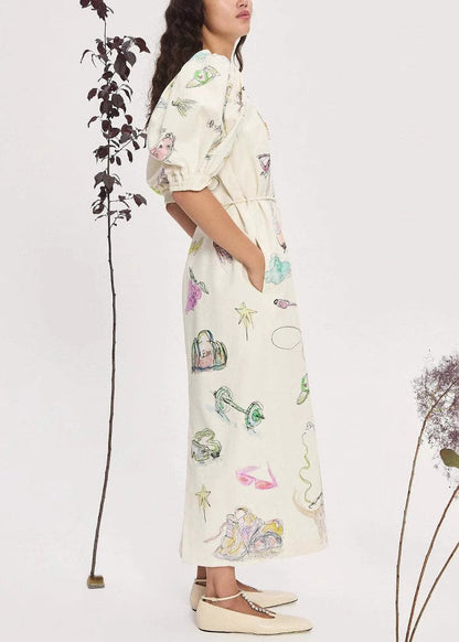 Apricot Print Lace Up Pockets Linen Long Dress Lantern Sleeve