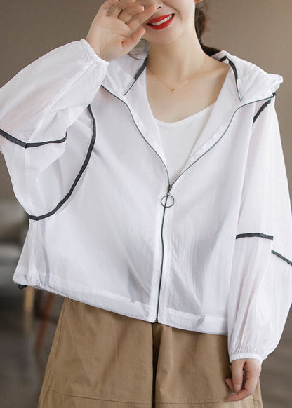 Style White Hooded Zippered Cotton Upf 50+ Coat Jacket Long Sleeve
