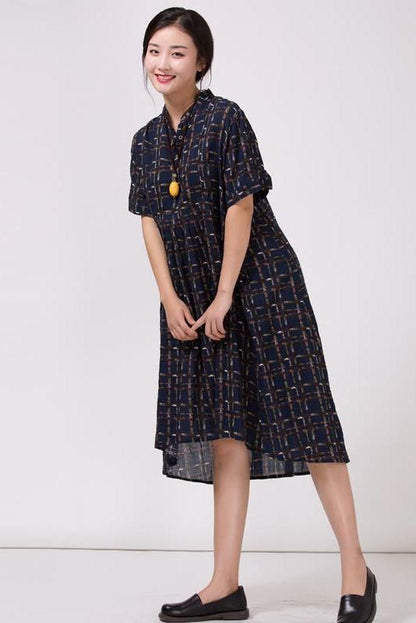 Stand Collar Cotton Colored Printed Dress