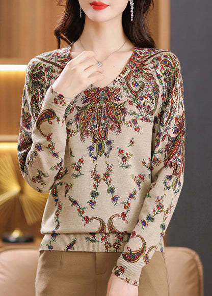 Beige V Neck Zircon Print Woolen Sweater Tops Spring