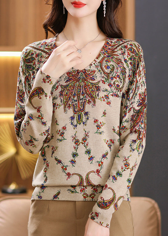 Beige V Neck Zircon Print Woolen Sweater Tops Spring