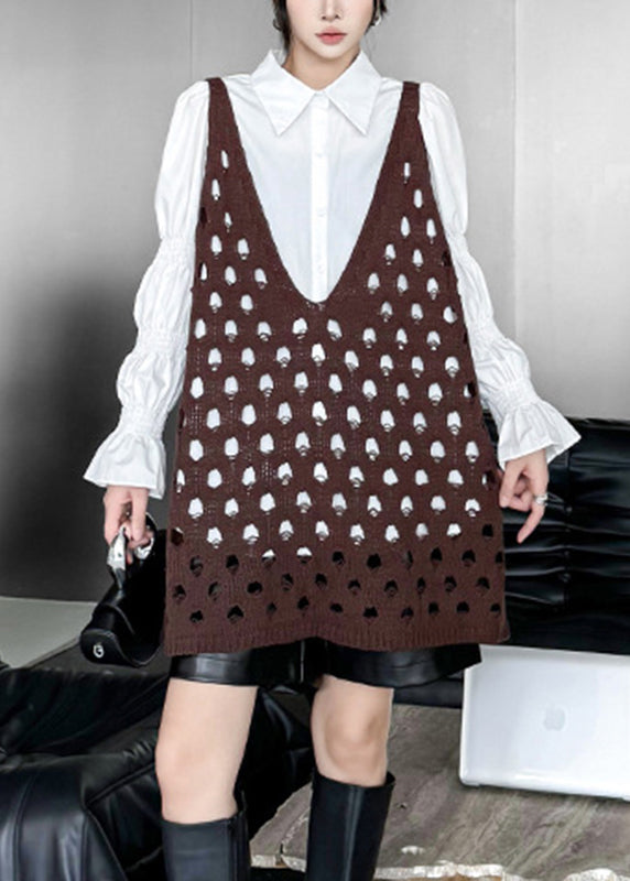Coffee V Neck Hollow Out Cotton Knit Waistcoat Sleeveless