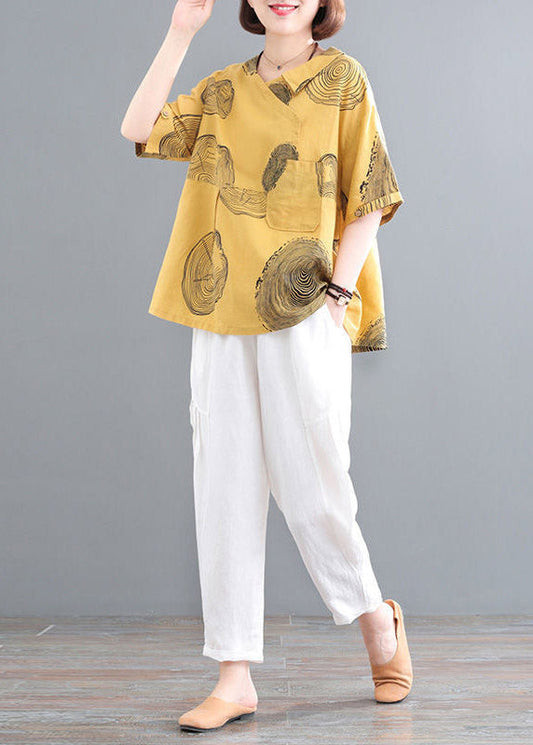 Retro Yellow O-neck Print Top and Crop Pants Two Pieces Set Summer