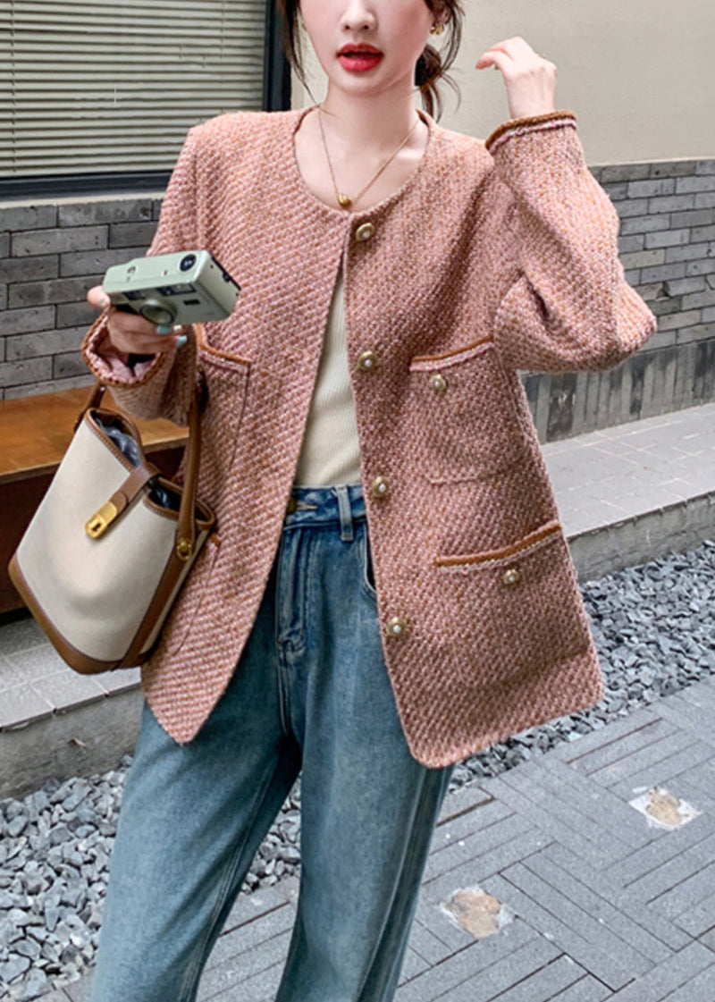 Pink O Neck Button Pockets Coat Fall