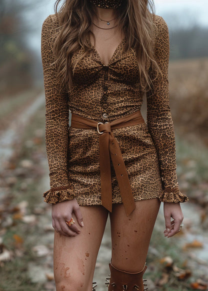 Leopard V Neck Ruffled Cotton Mini Dress Spring