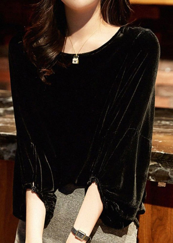 Style Versatile Black O Neck Velour Blouse Top Lantern Sleeve