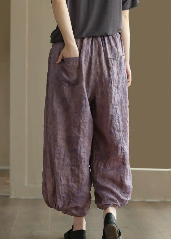 Purple Pockets Elastic Waist Linen Lantern Pants Summer